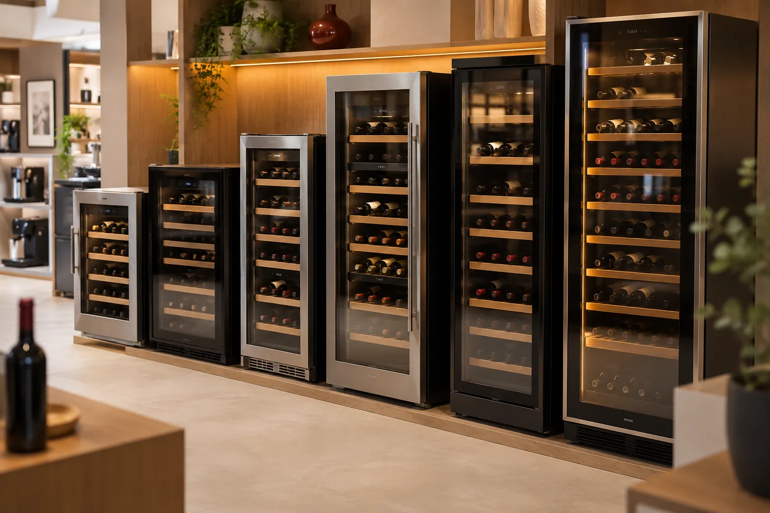 Rayon de magasin d'électroménager avec plusieurs caves à vin exposées
