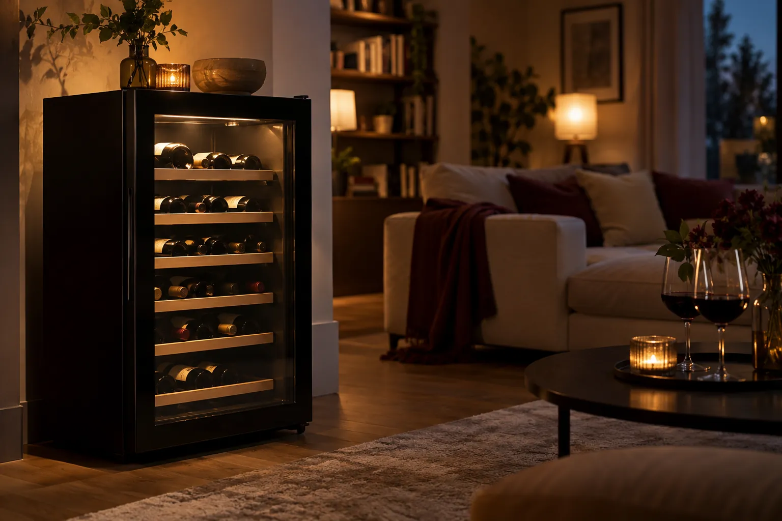 Cave à vin à porte vitrée noire dans un salon calme le soir