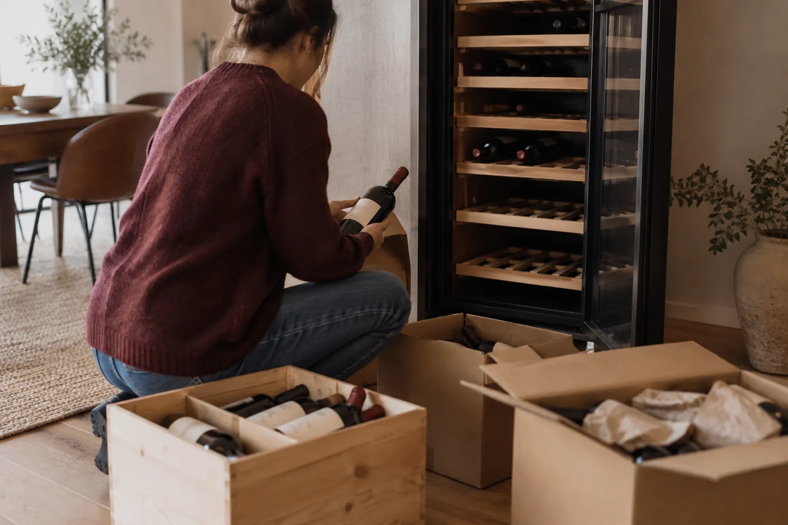Bouteilles sorties de cartons de vin devant une cave à vin ouverte encore partiellement vide