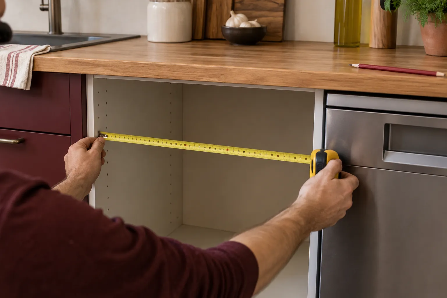 Mètre ruban mesurant une niche d'encastrement sous un plan de travail de cuisine