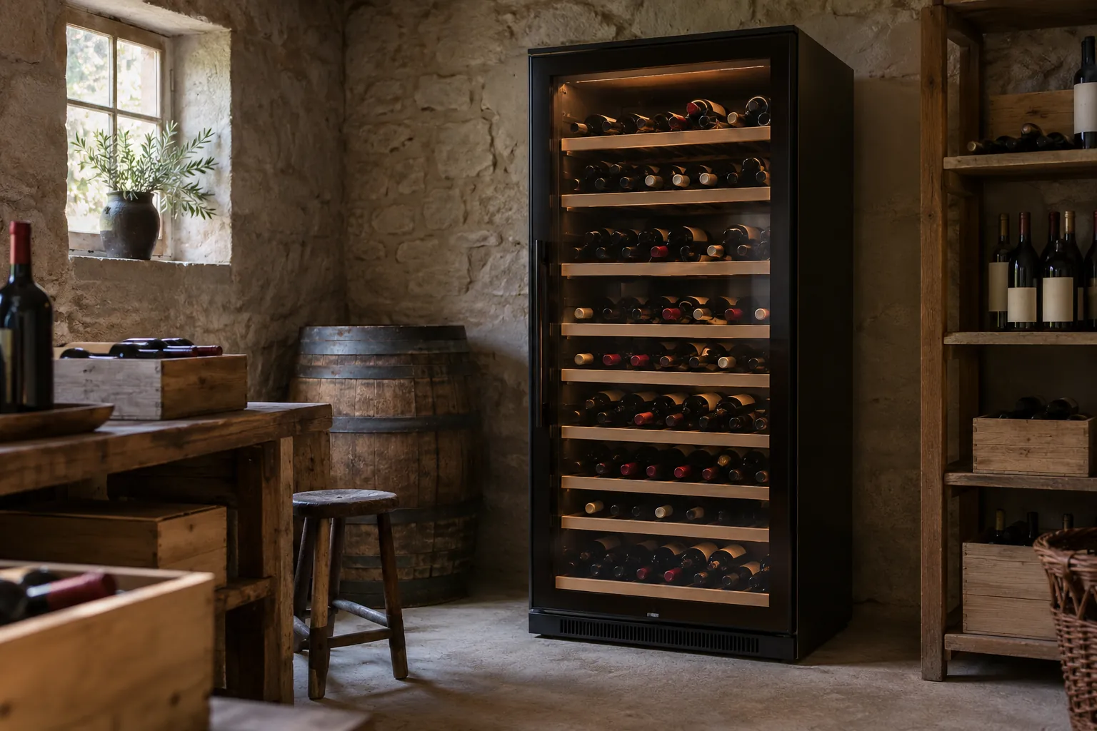 Cave à vin remplie installée dans un cellier frais, avec de l'espace autour