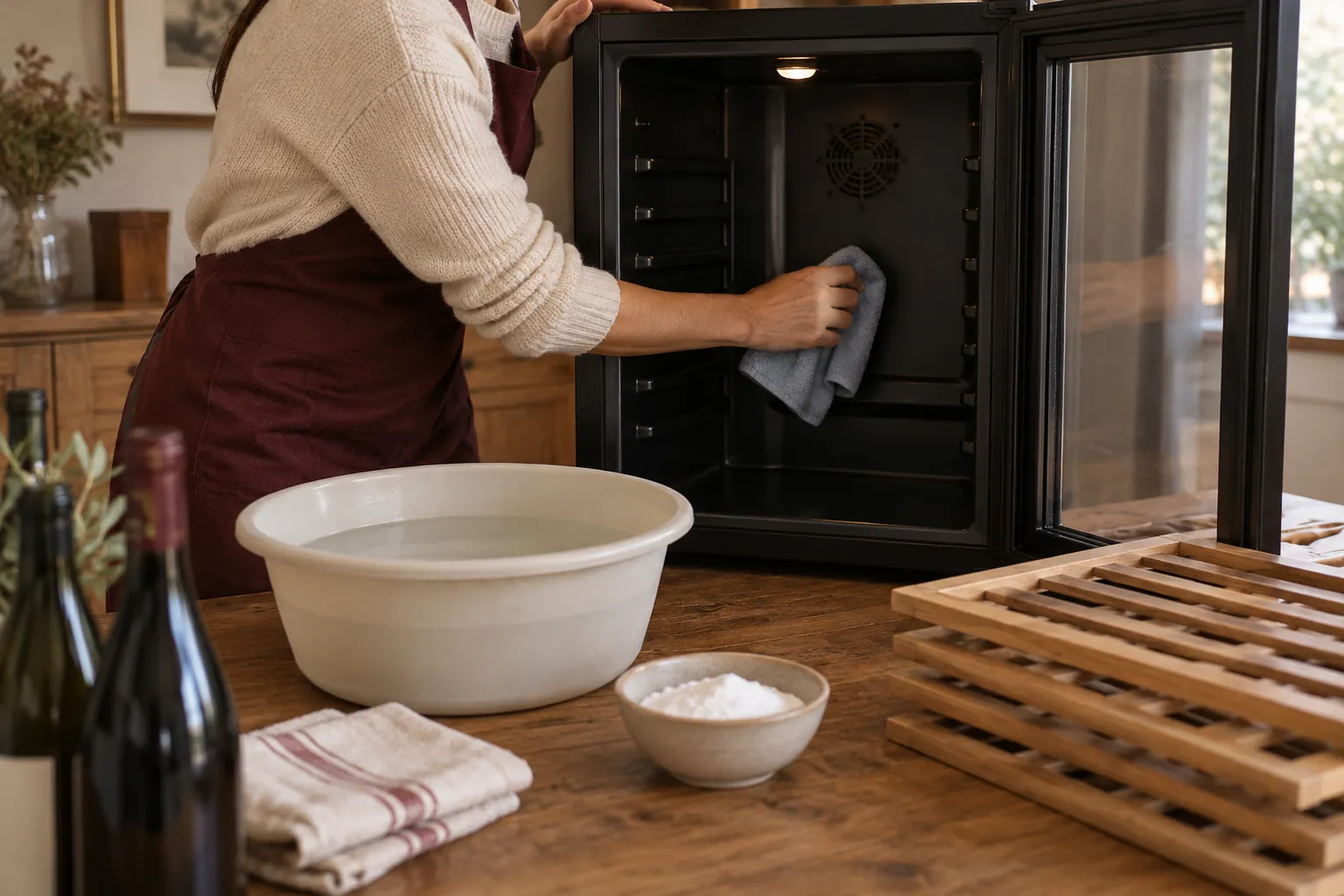 Mains nettoyant l'intérieur d'une cave à vin au chiffon microfibre, clayettes en bois sorties