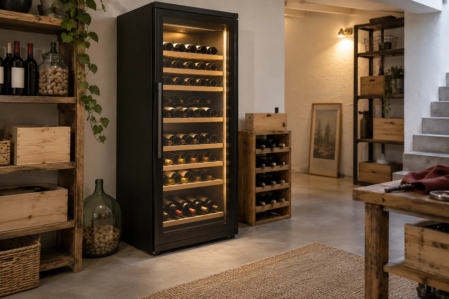Cave à vin armoire installée dans un sous-sol aménagé aux murs blancs