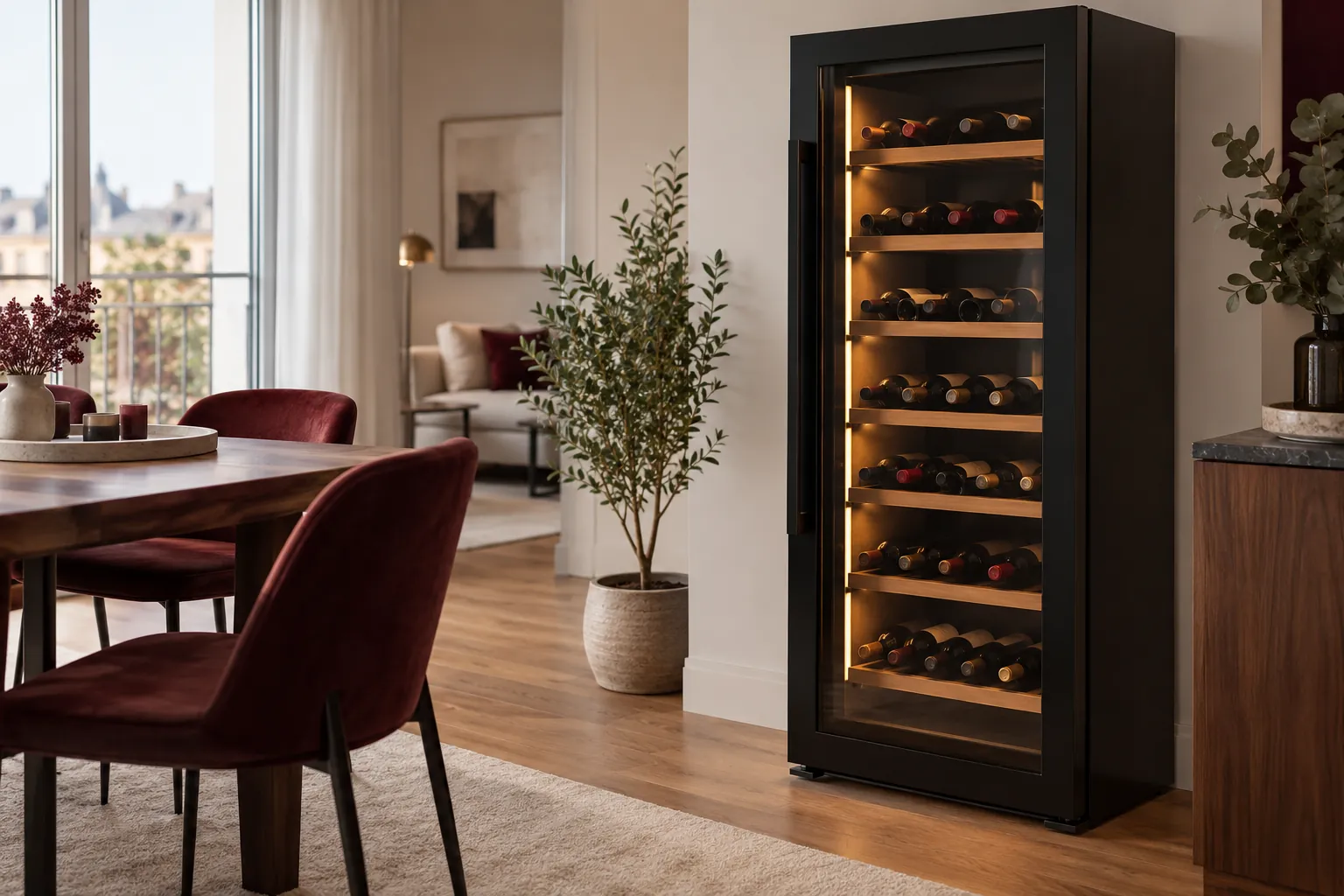 Cave à vin électrique à porte vitrée dans un appartement lumineux