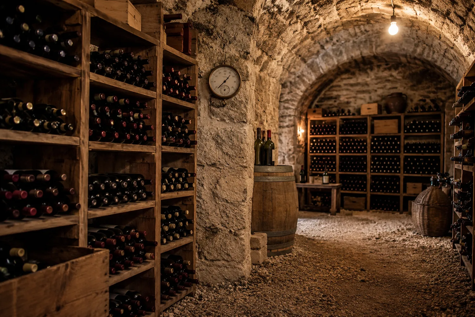 Cave naturelle voûtée en pierre avec casiers en bois et thermo-hygromètre au mur