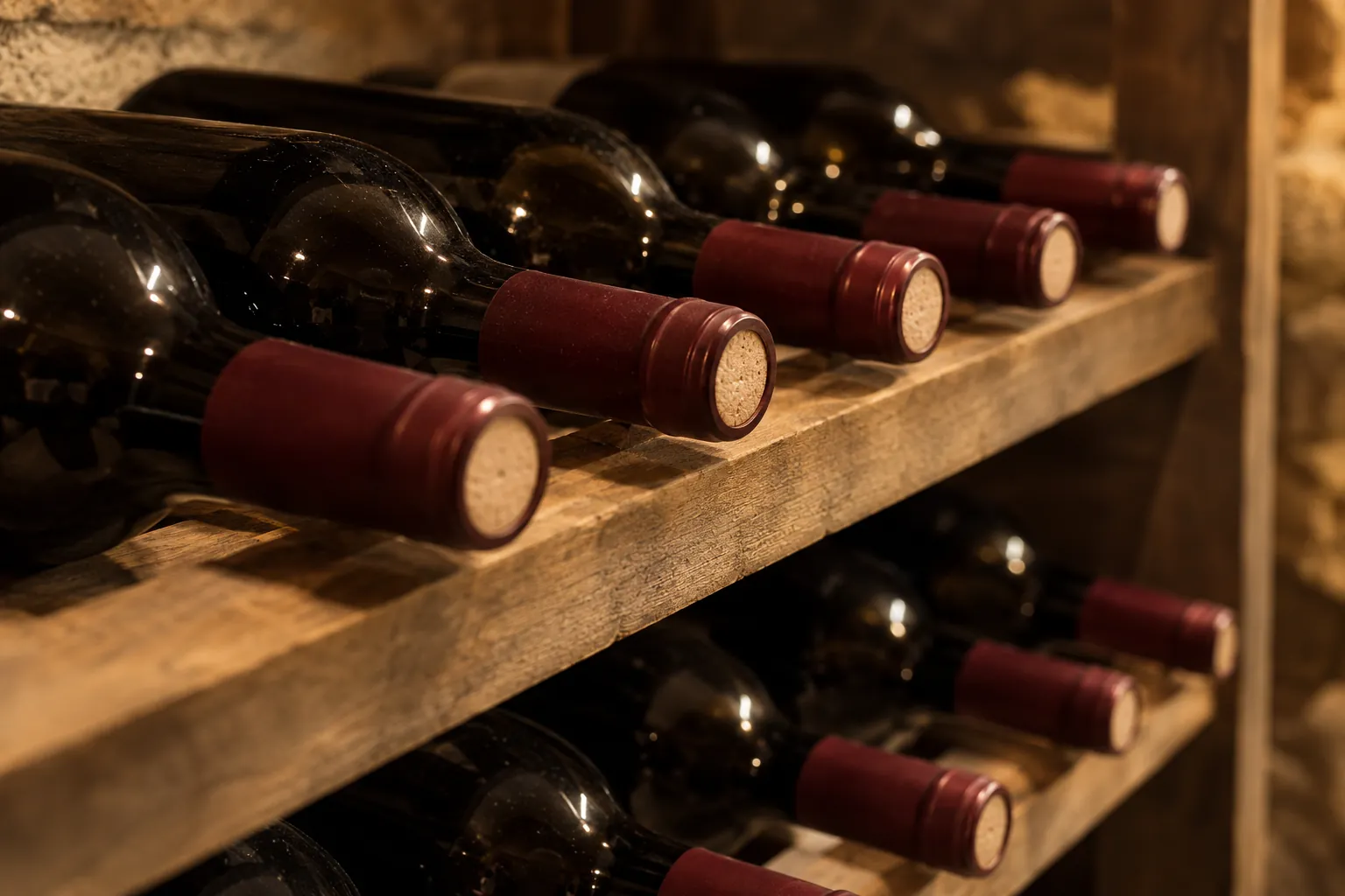 Bouteilles de vin rouge couchées sur des clayettes en bois, bouchons alignés vers l'avant