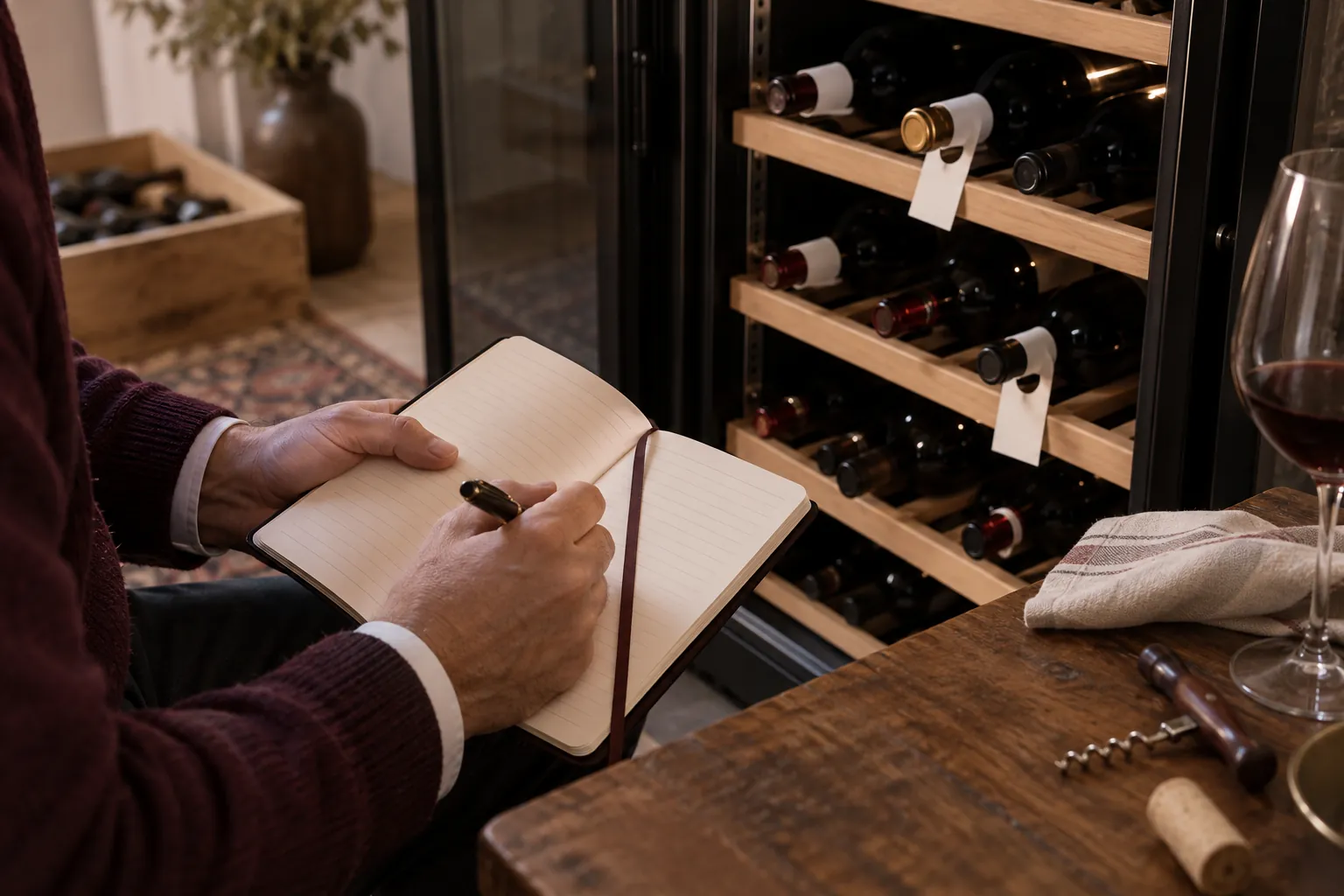 Mains notant dans un carnet de cave devant une cave à vin ouverte, étiquettes autour des goulots