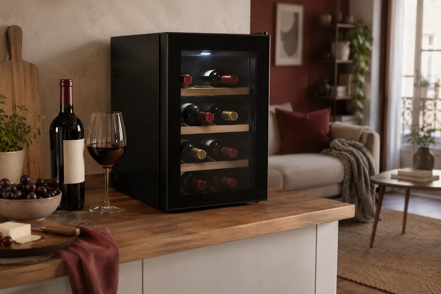 Petite cave à vin thermoélectrique posée sur un plan de travail en bois