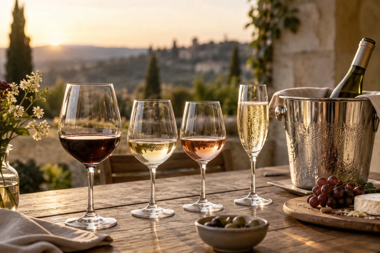 Verres de vin rouge, blanc, rosé et flûte de champagne sur une table, bouteille de blanc dans un seau à glace