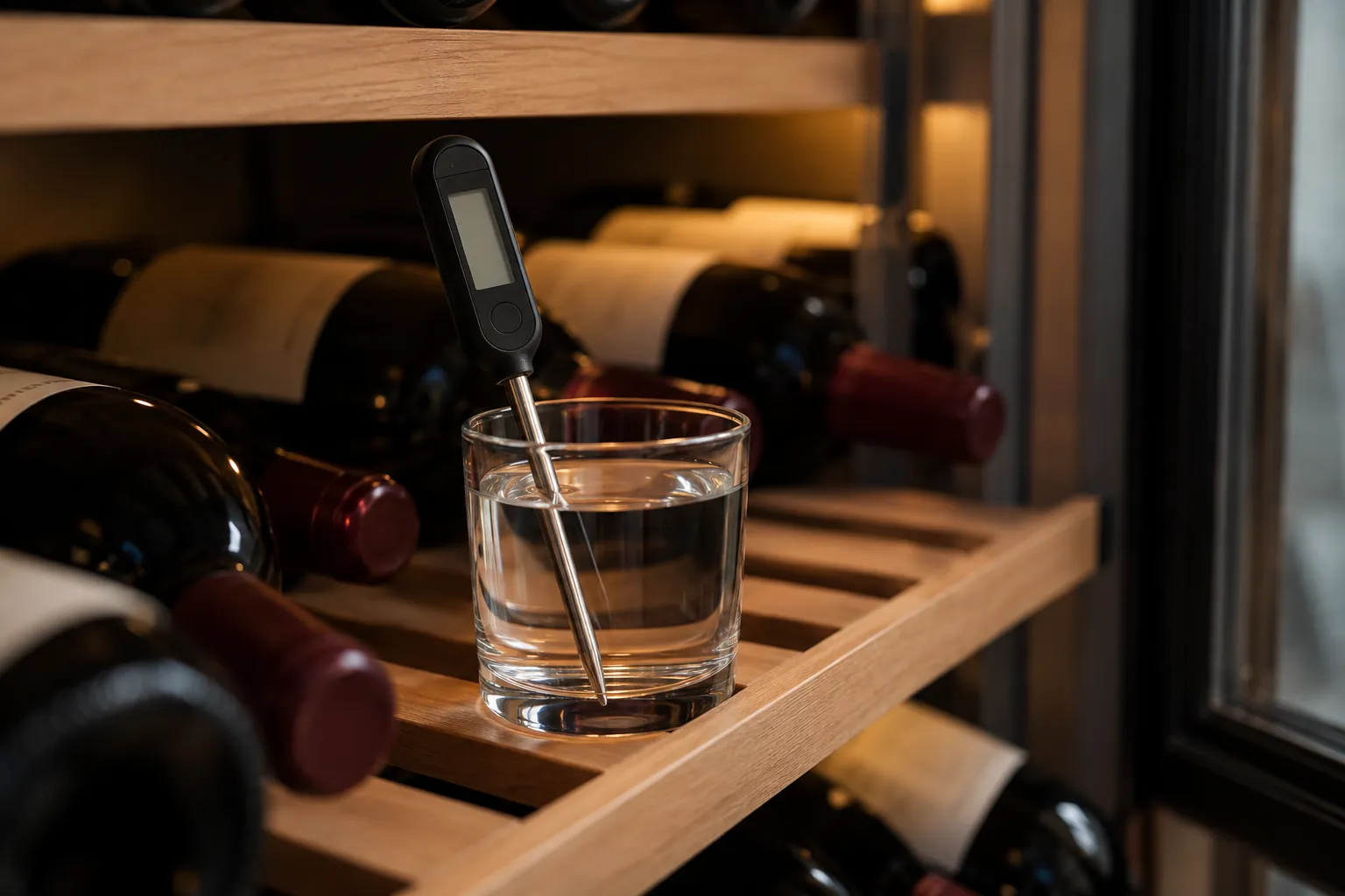 Thermomètre plongé dans un verre d'eau posé sur une clayette de cave à vin