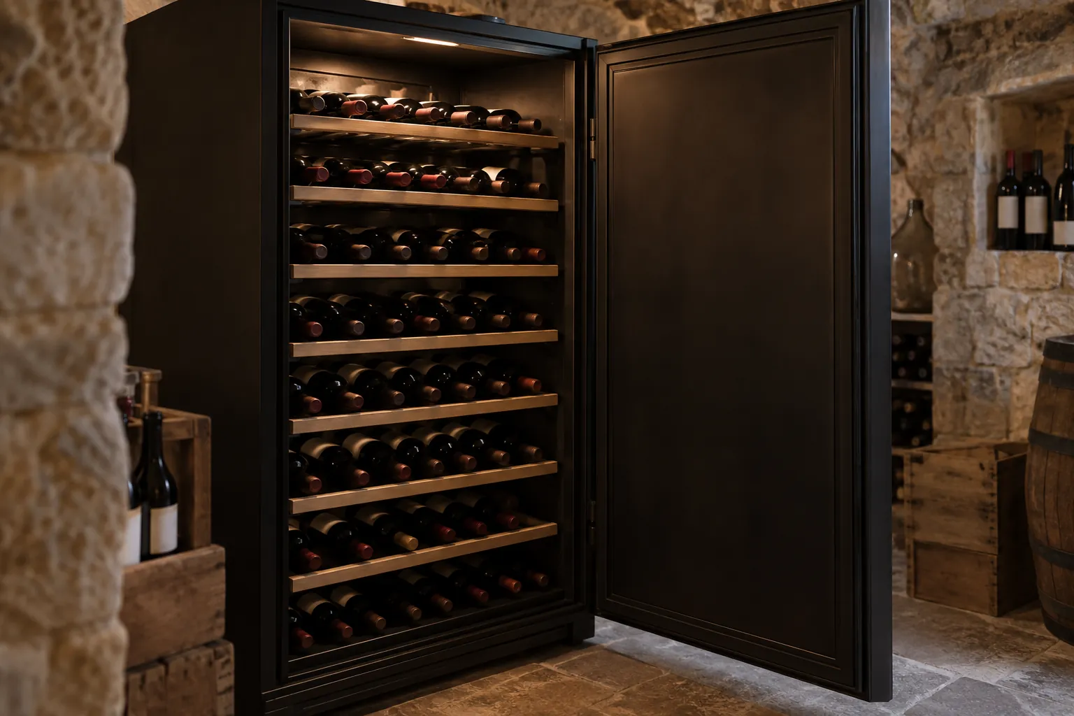 Grande cave de vieillissement à porte pleine ouverte, bouteilles couchées sur clayettes en bois dans un cellier en pierre